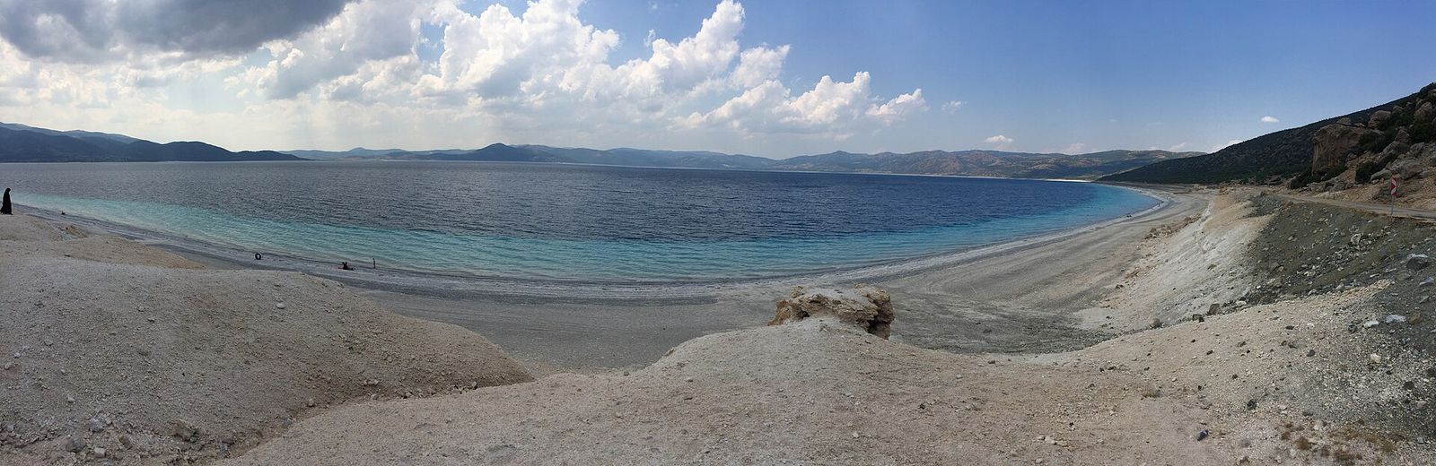 Aerial view of Lake Salda's tectonic basin surrounded by pine forest, Yeşilova, Burdur
