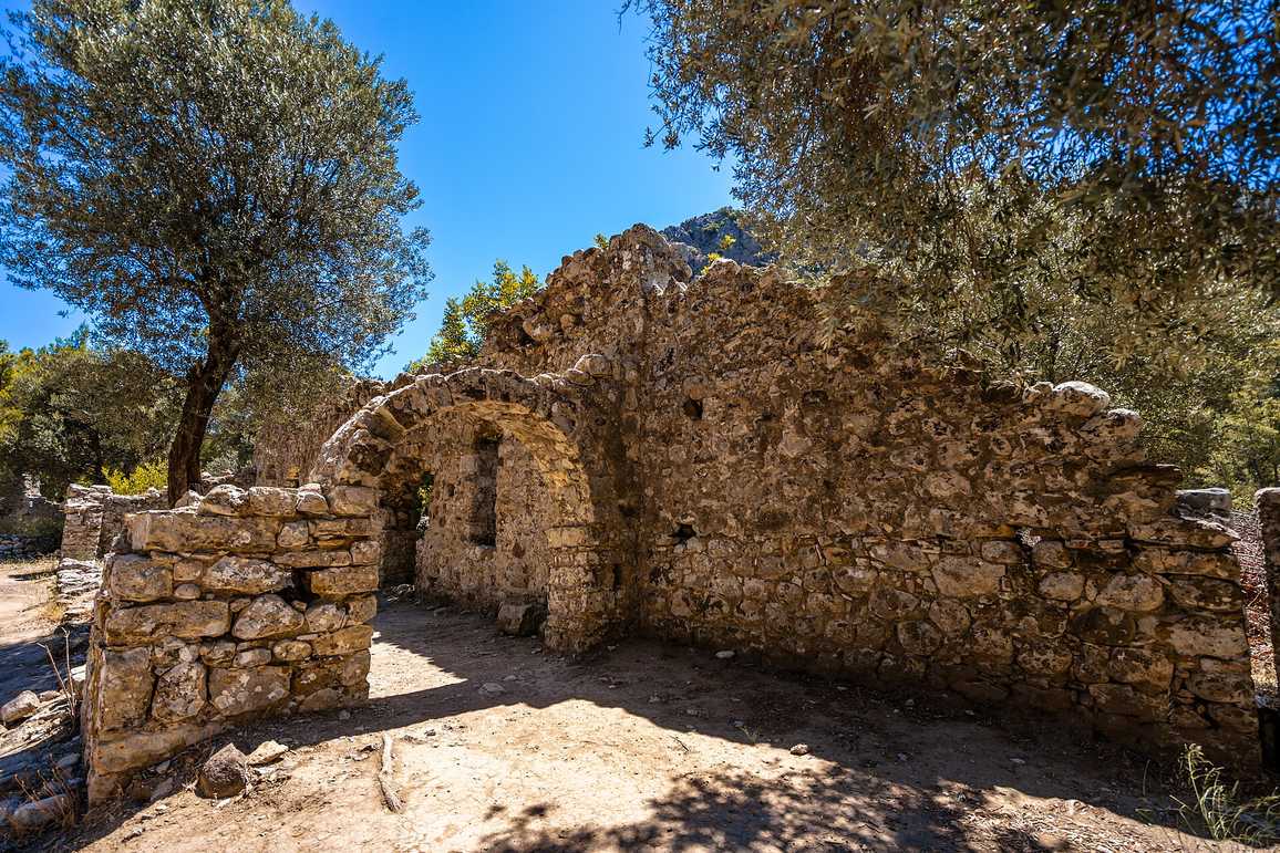 Olympos ancient city ruins Lycian rock-cut tombs at Olympos ancient city surrounded by forest